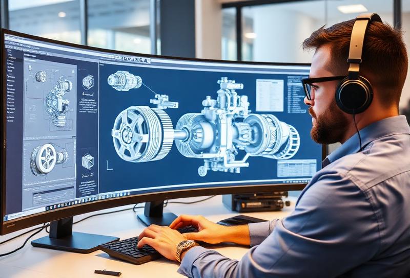 Engineer modeling a complex 3D assembly on a curved monitor